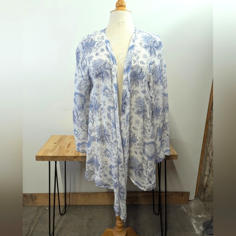 Flax Linen Floral Blue and White Open Cardigan M Spring Summer Topper
